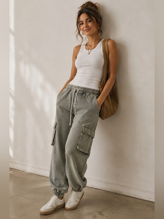 Forever 21 Pants - Forever 21 Cargo Jogger Jean Pants Womens L Green 100% Cotton Drawstring Utility